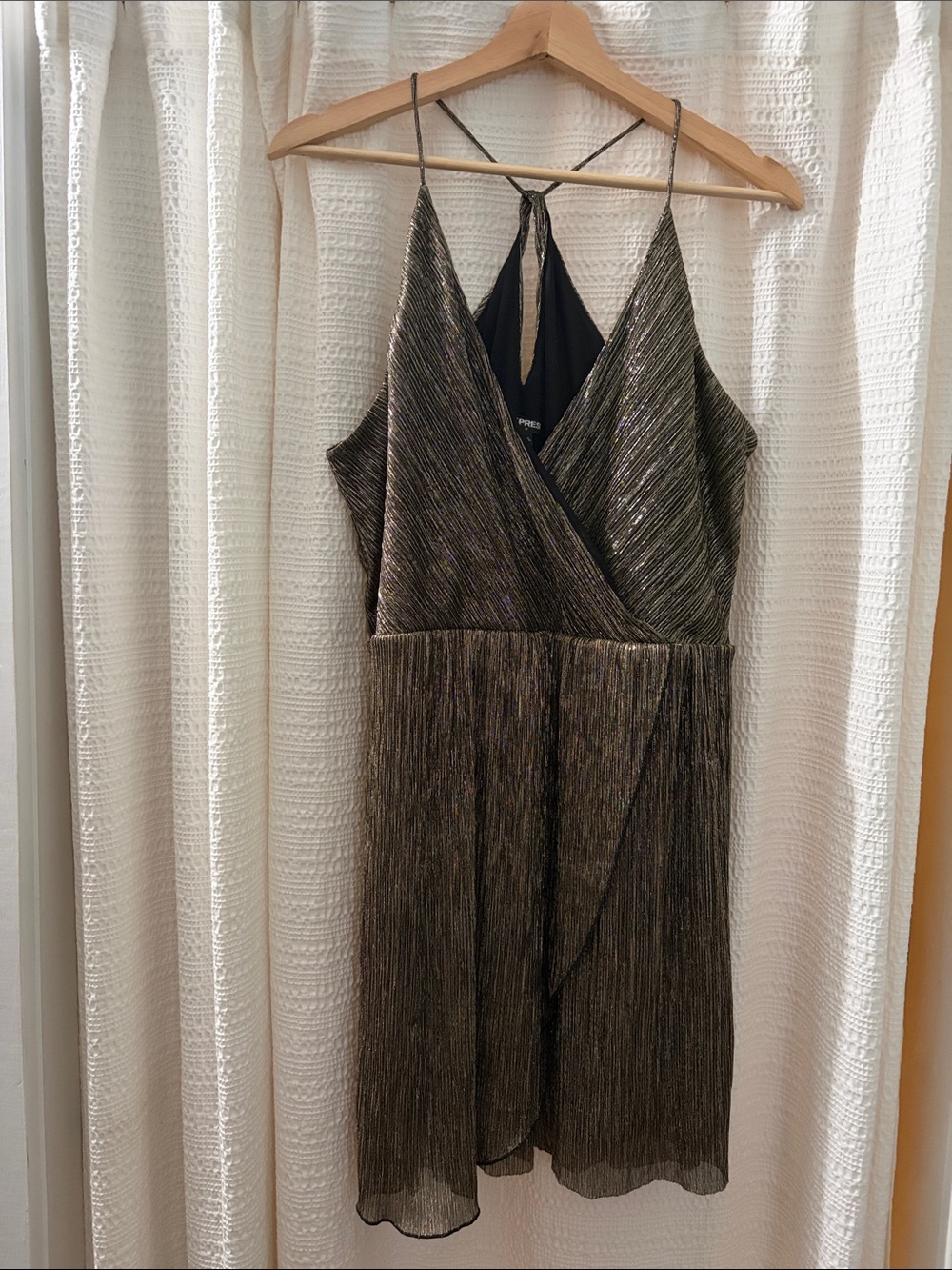 Express Metallic Black and Gold Pleated Wrap Mini Dress